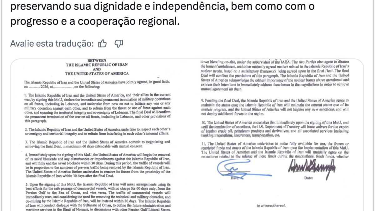 Irã divulga memorando de paz com Trump assinado durante guerra