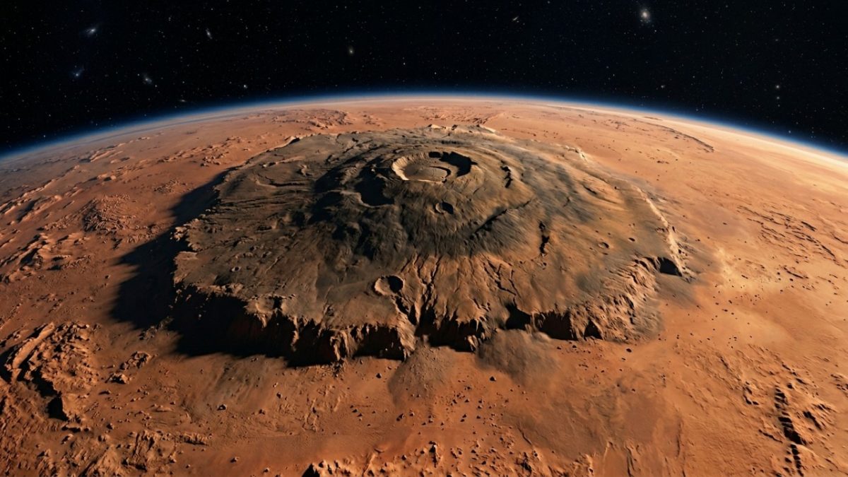 Olympus Mons é o maior vulcão do sistema solar, e o detalhe que impressiona é seu tamanho colossal, com cerca de 595 quilômetros de largura e aproximadamente 22 mil metros de altura da base até o topo em Marte