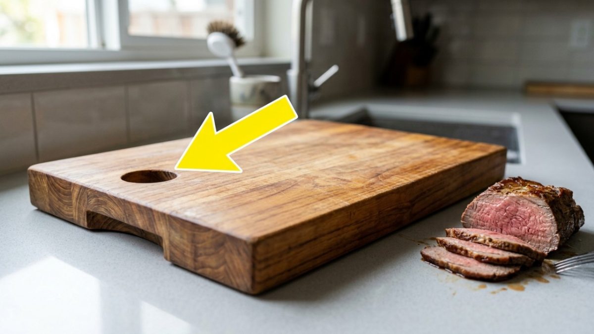 Para que serve o pequeno furo redondo no meio da tábua de carne?