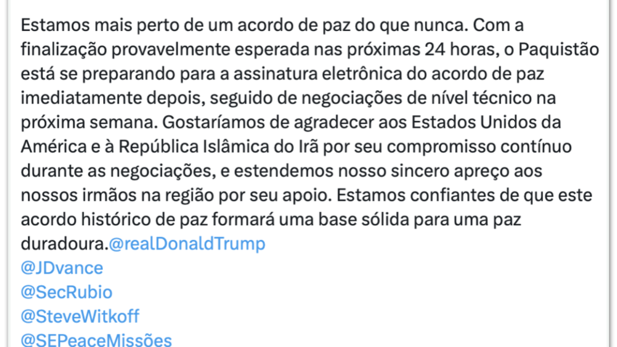 Irã descarta assinar acordo de paz com EUA em 24 horas, apesar de otimismo paquistanês
