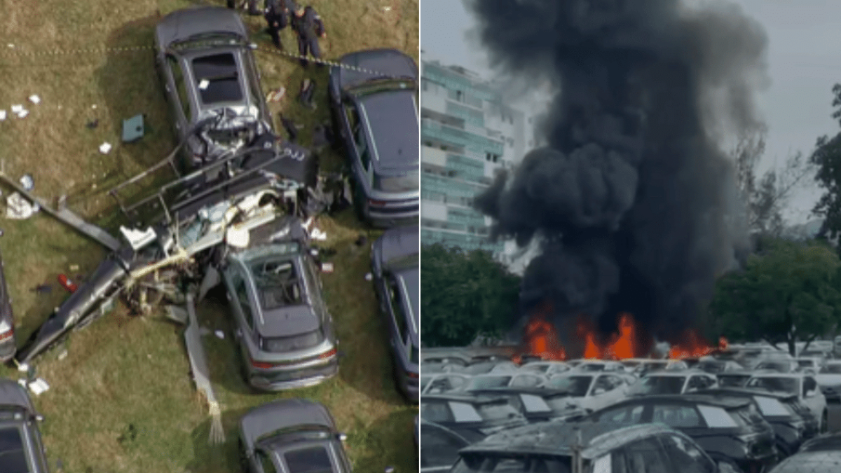 Colisão de helicópteros no Rio deixa seis mortos e provoca incêndio em 20 carros elétricos