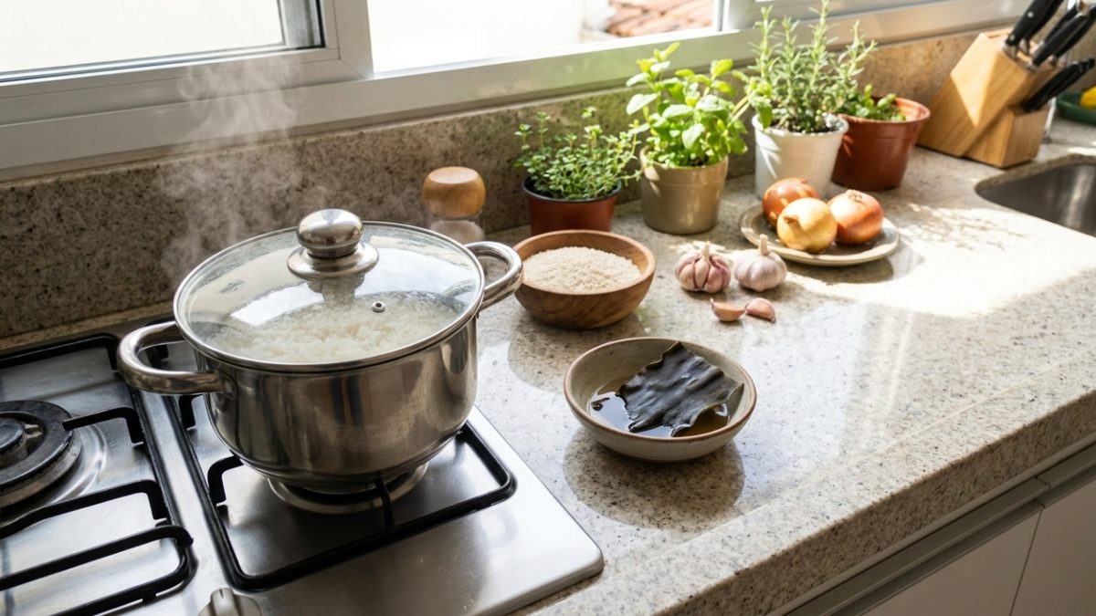 Os japoneses concordam: “Para deixar o arroz mais macio e saboroso, o segredo é adicionar um pedaço de alga kombu durante o cozimento.”