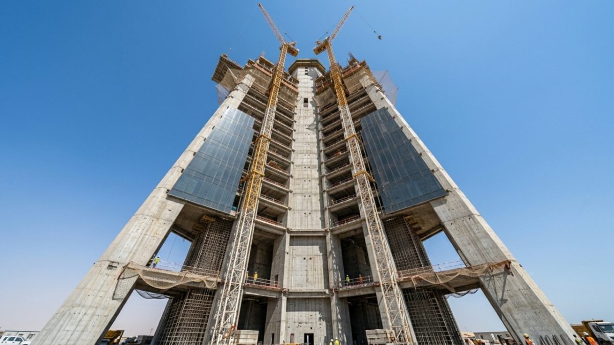 A construção da Jeddah Tower acaba de chegar ao 100º andar, e o número que torna tudo quase irreal é a meta: mais de 1 mil metros de altura e acima de 167 andares, enquanto a Arábia Saudita mira o prédio mais alto do mundo até 2028