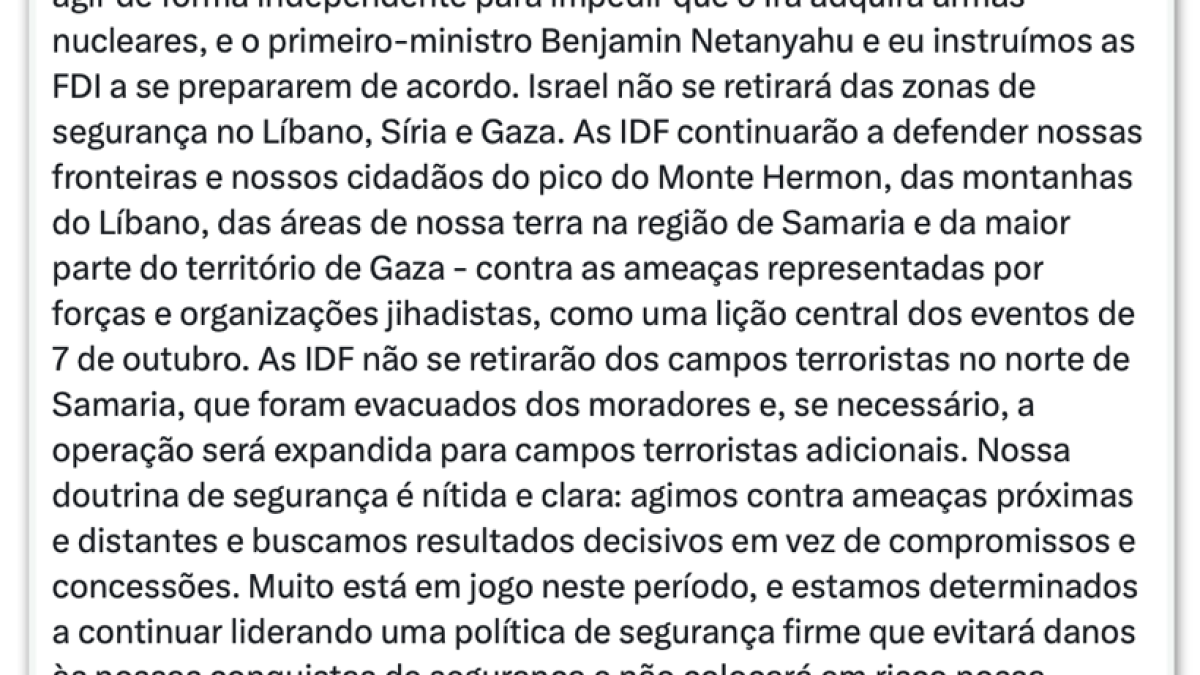 Israel descarta deixar áreas ocupadas no Líbano, Síria e Gaza