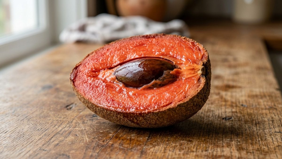 A fruta tropical com polpa carmesim que parece uma sobremesa natural