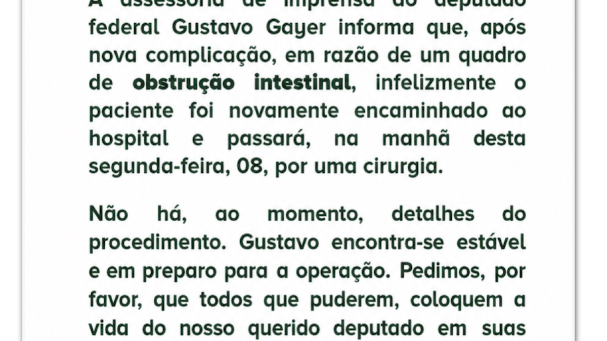 Deputado Gayer volta ao hospital e passará por novos exames