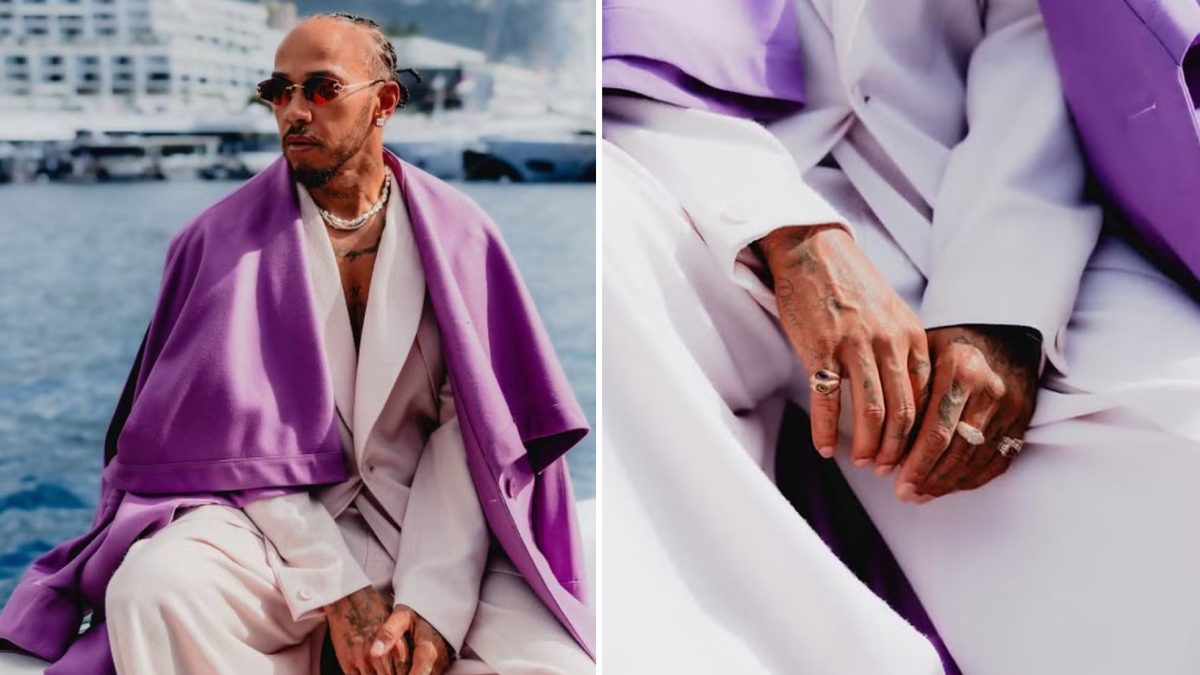 Lewis Hamilton exibe visual em tons de bege e roxo no GP de Mônaco