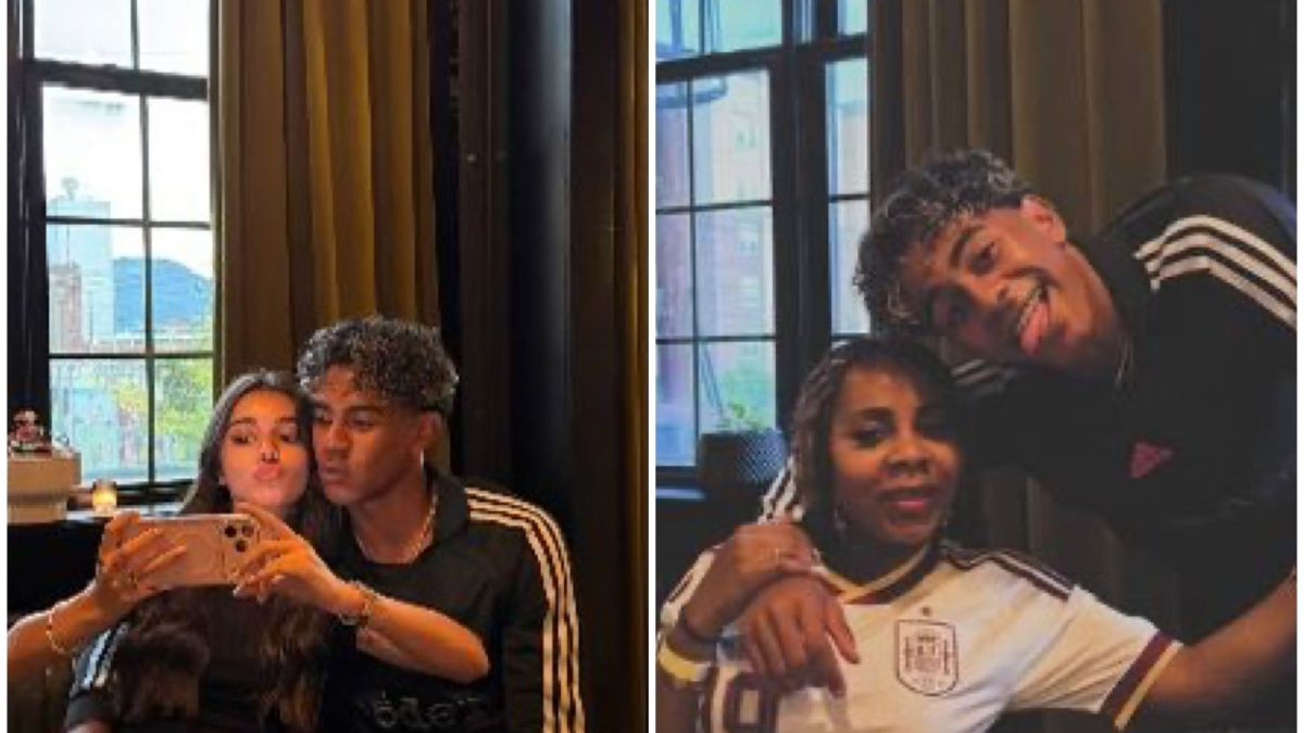 Lamine Yamal comemora a vitória da Espanha com a namorada e a mãe