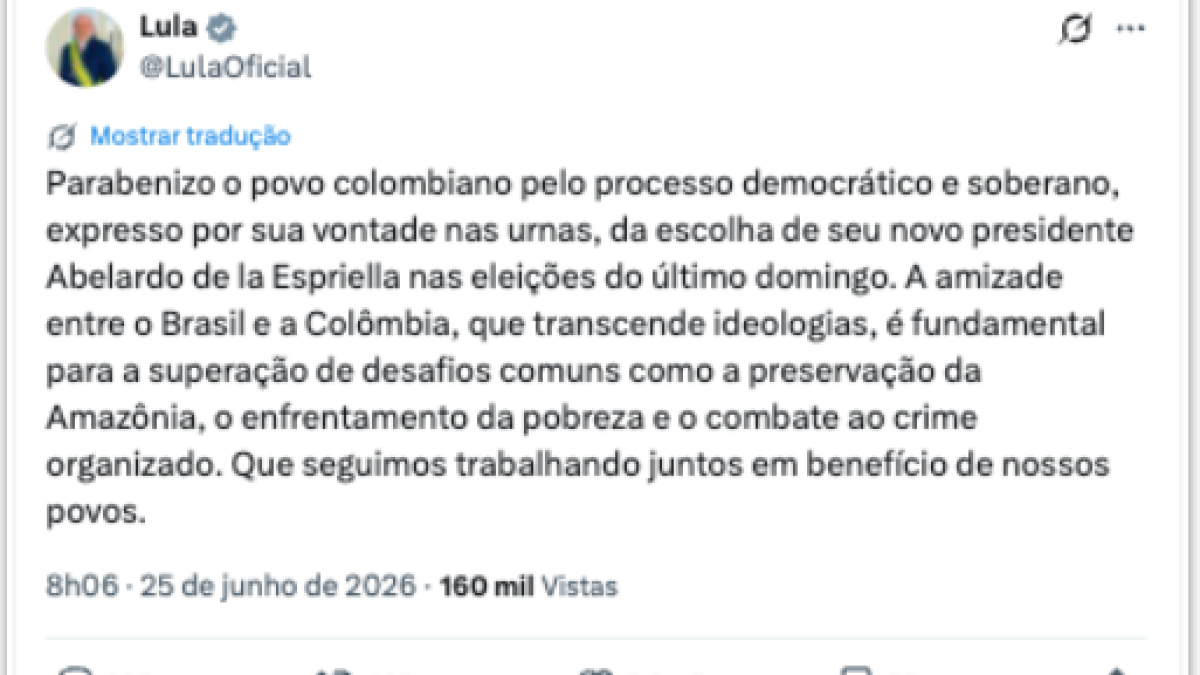 Lula dá parabéns a Espriella por vitória na Colômbia