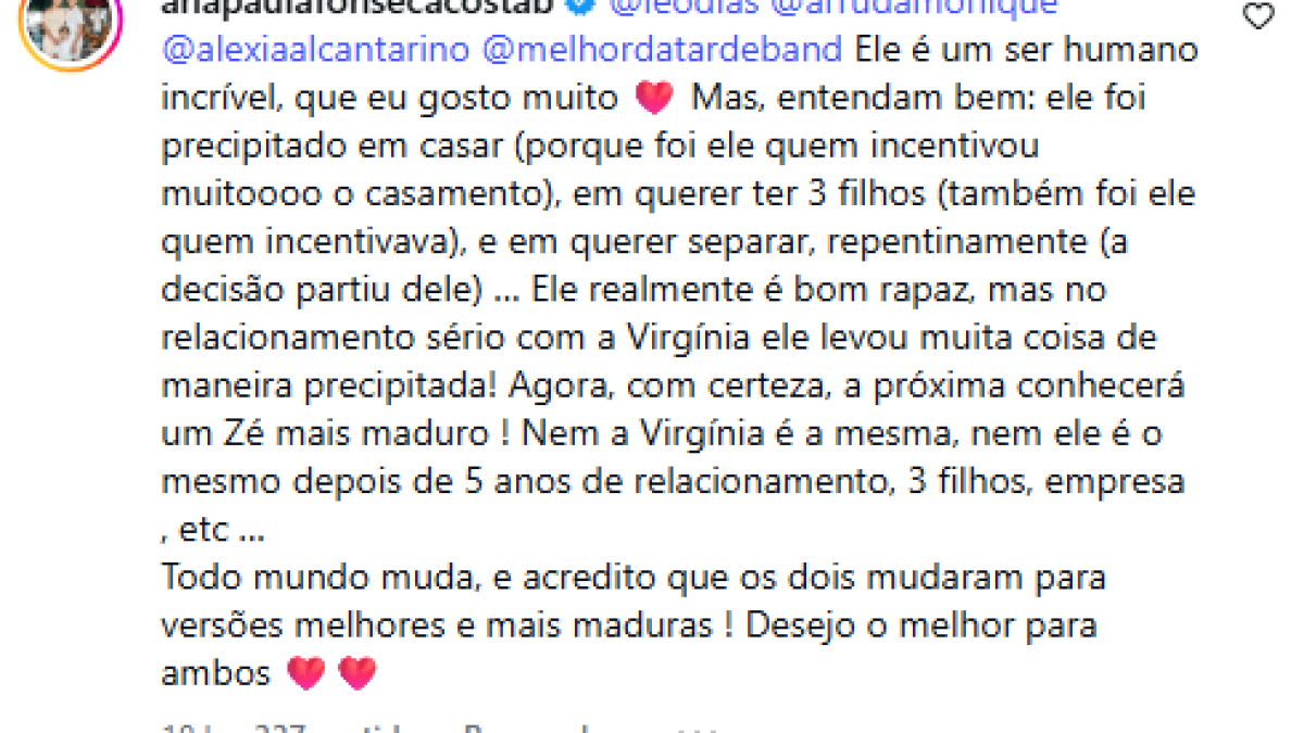 Prima de Virginia elogia Zé Felipe e revela quem terminou relacionamento