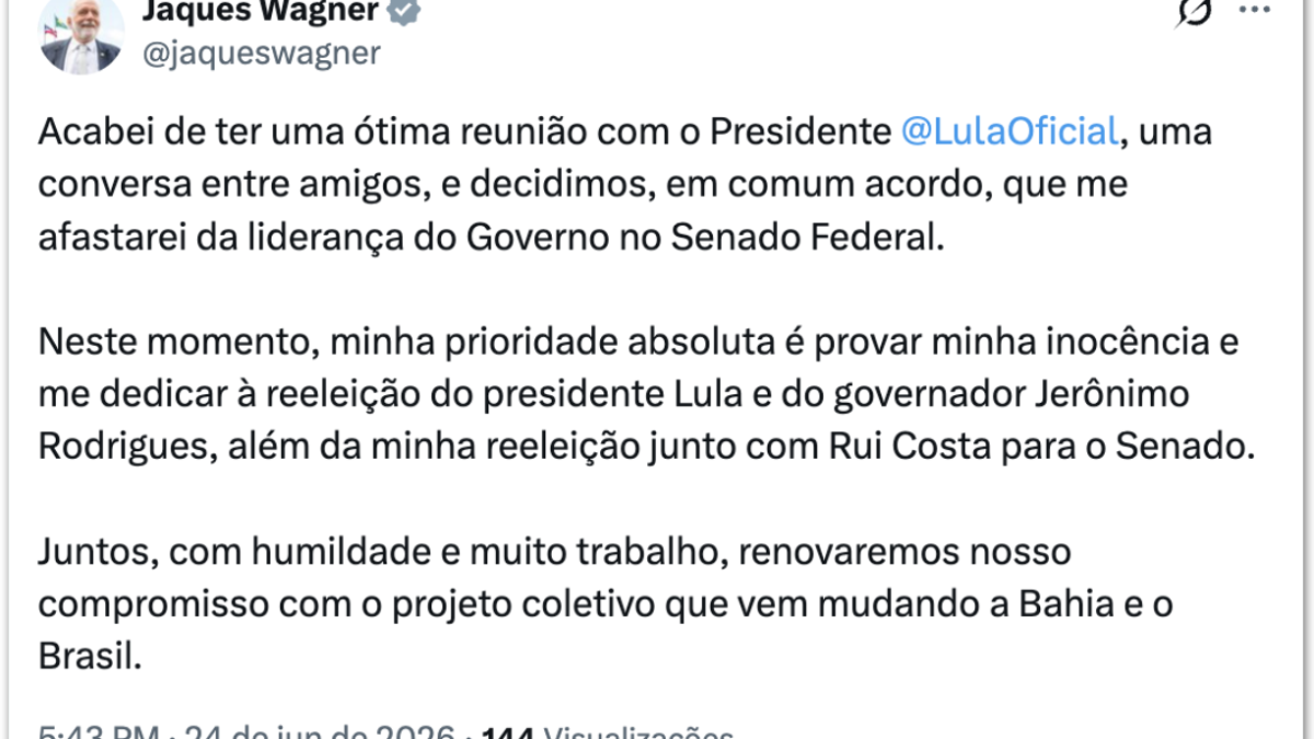 Jaques Wagner deixa liderança do Governo no Senado