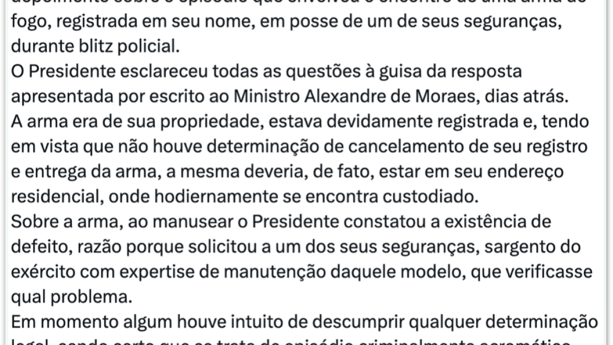 Intuito não foi descumprir a lei, diz defesa de Bolsonaro sobre arma