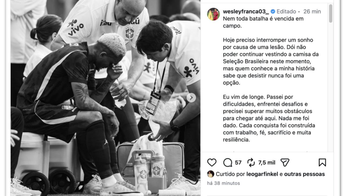 Lesão tira Wesley da Copa do Mundo de 2026; Éderson é convocado