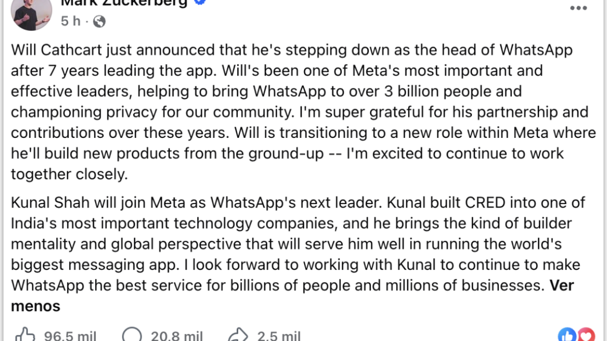 Meta anuncia empresário indiano como novo CEO global do WhatsApp
