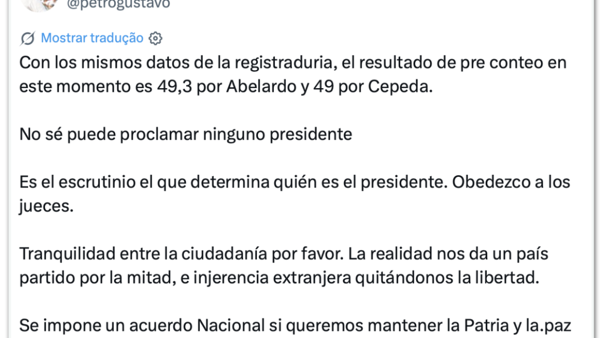 Petro contesta apuração e não reconhece vitória de De la Espriella