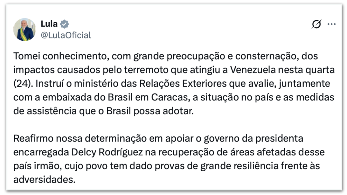Lula diz ter acionado o Itamaraty para avaliar assistência à Venezuela
